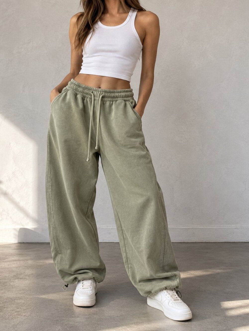 Bershka Sage Green Balloon Leg Sweatpants Adjustable Hem Size M